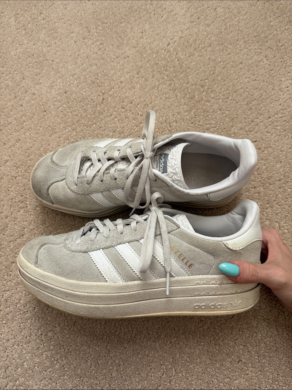 Light grey adidas gazelle platform sneakers